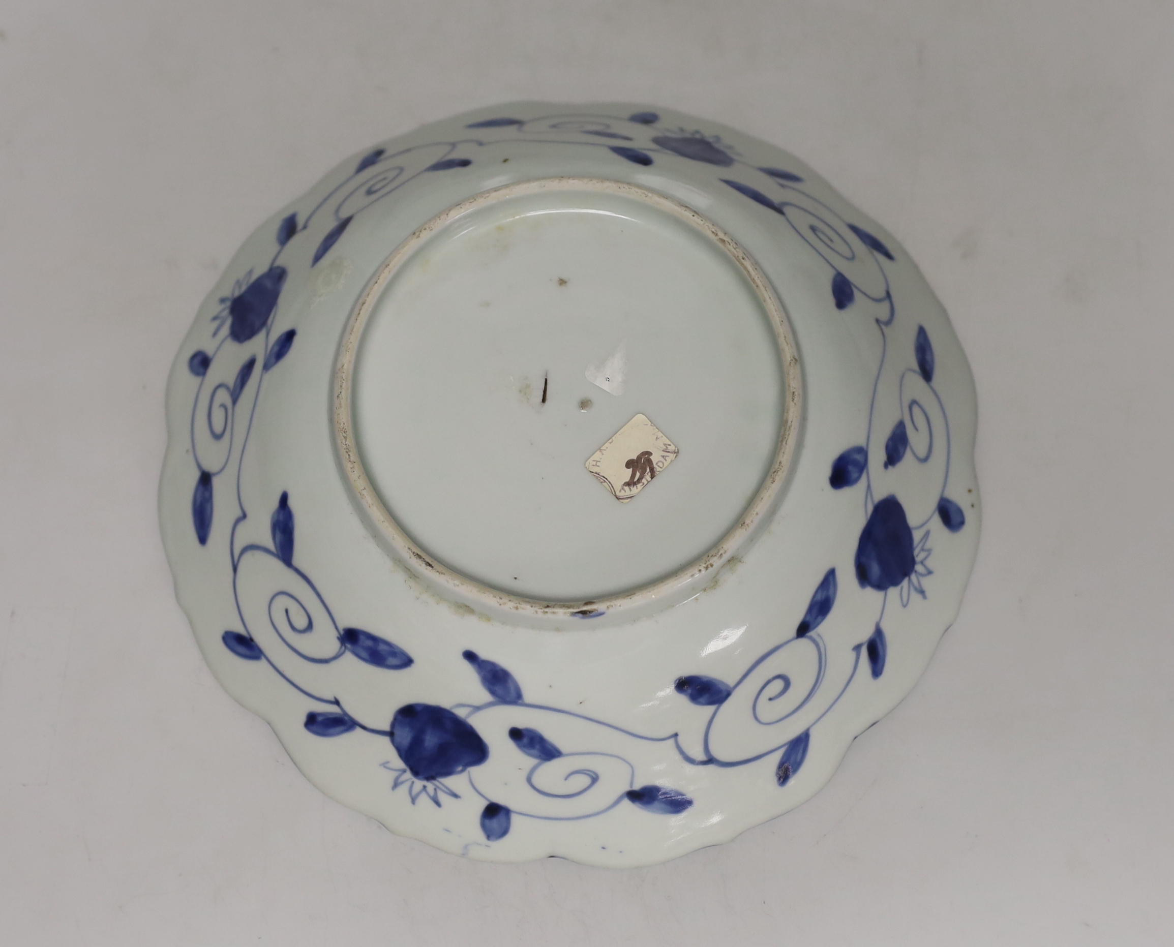 Three Japanese blue and white Arita dishes, largest 25cm